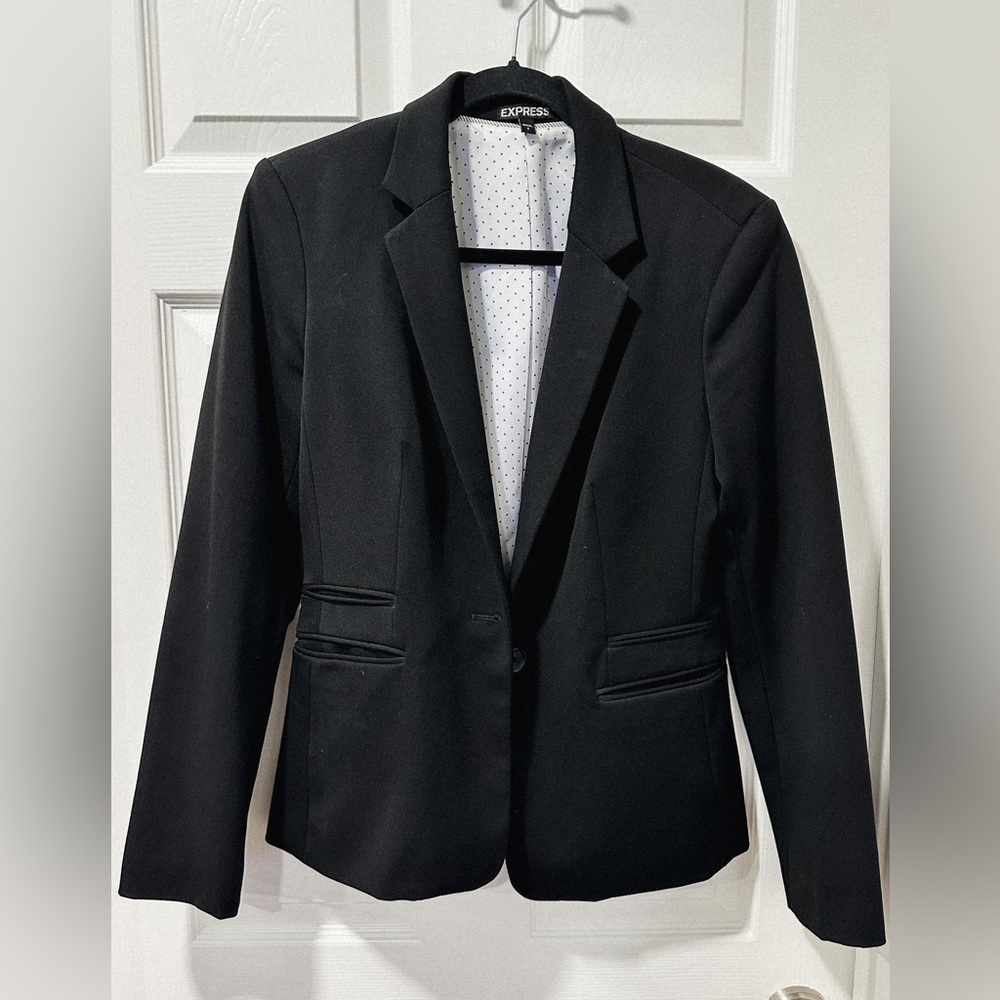 Size 8 Express one-button Black Blazer, Polka-dot Lining